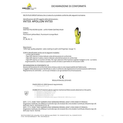 Guanto da lavoro Delta Plus Apollon VV733 in maglia poliestere arancio-nero taglia 9 - VV733OR09